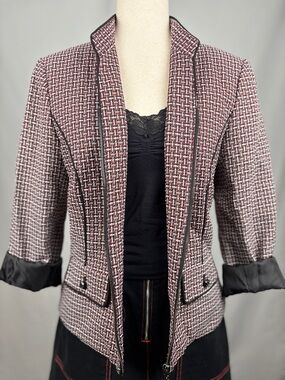 John Meyer Tweed Jacket Zip Front Structured Blazer Red Black Size 8